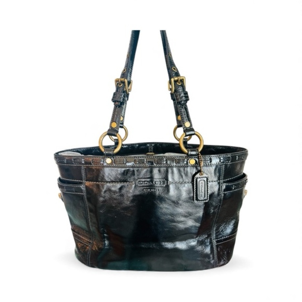 Coach Gallery Tote Black Patent Leather Turnlock Shoulder Bag F0773-1150